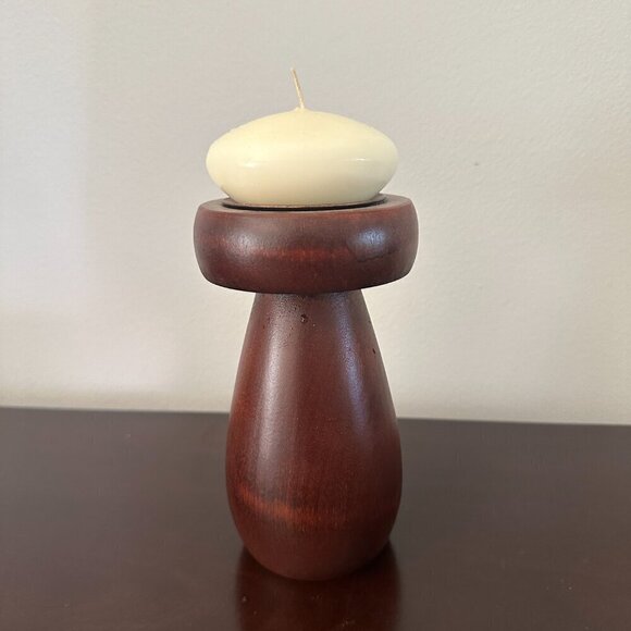 1970s Mid Century Modern Wood Mushroom Shaped Candle Holder 6.5" - Picture 2 of 9
